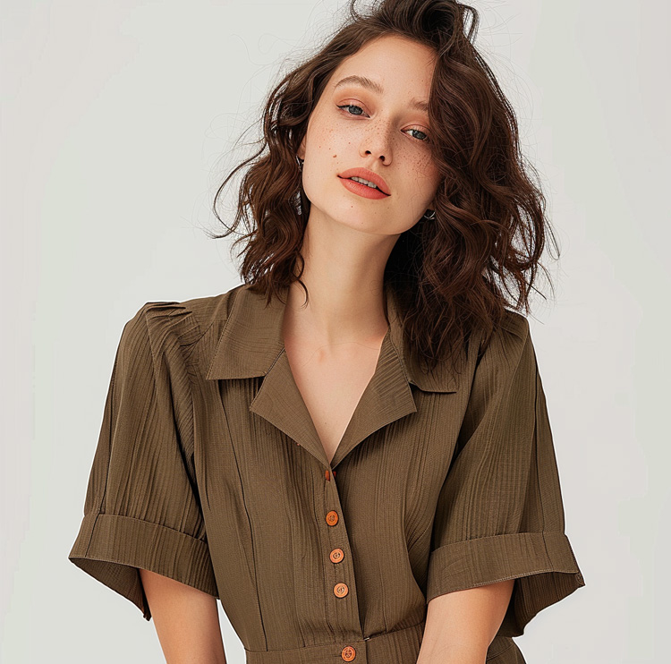 Brown Crinkle Notched Collar Blouse, Short Sleeve Button-Down Shirt for Women