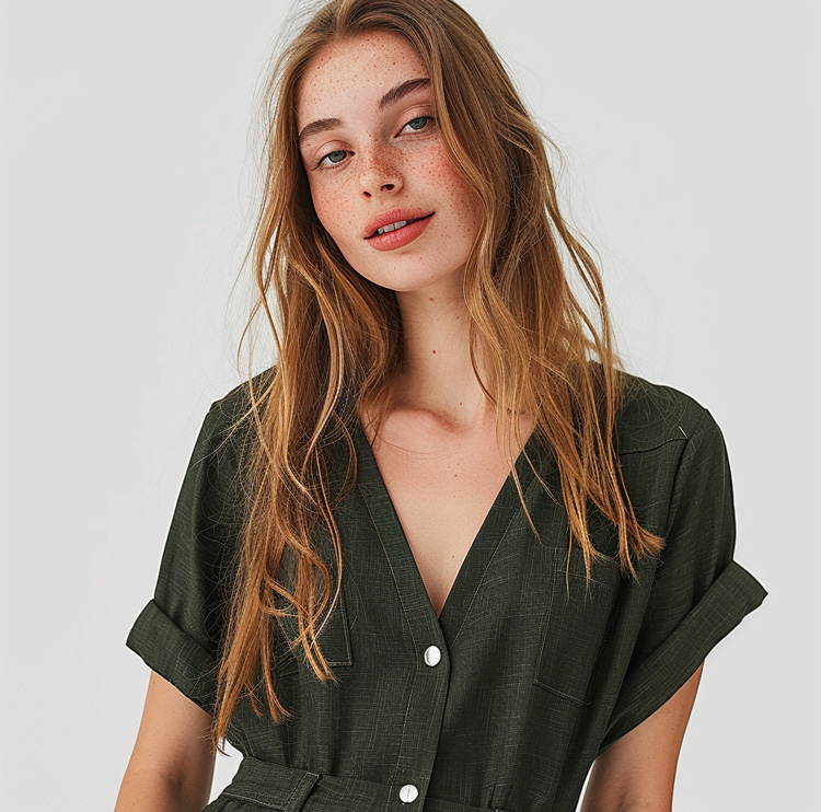 Utility Dark Green Shirt Dress - V-Neck Button-Front with Rolled Cuffs & Waist Belt