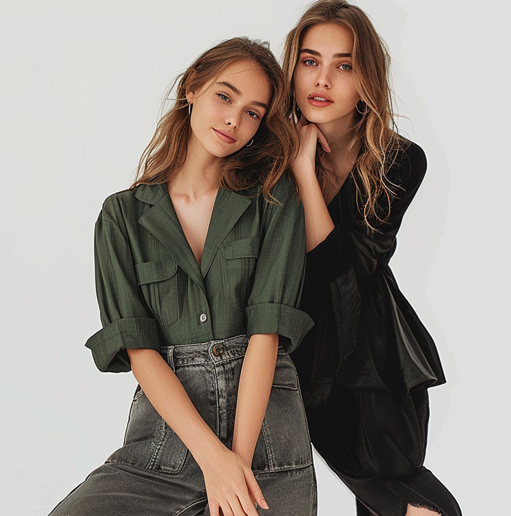 Women's Olive Green Blazer-Style Button Down Shirt, 3/4 Roll-Up Sleeve V-Neck Blouse with Chest Pockets