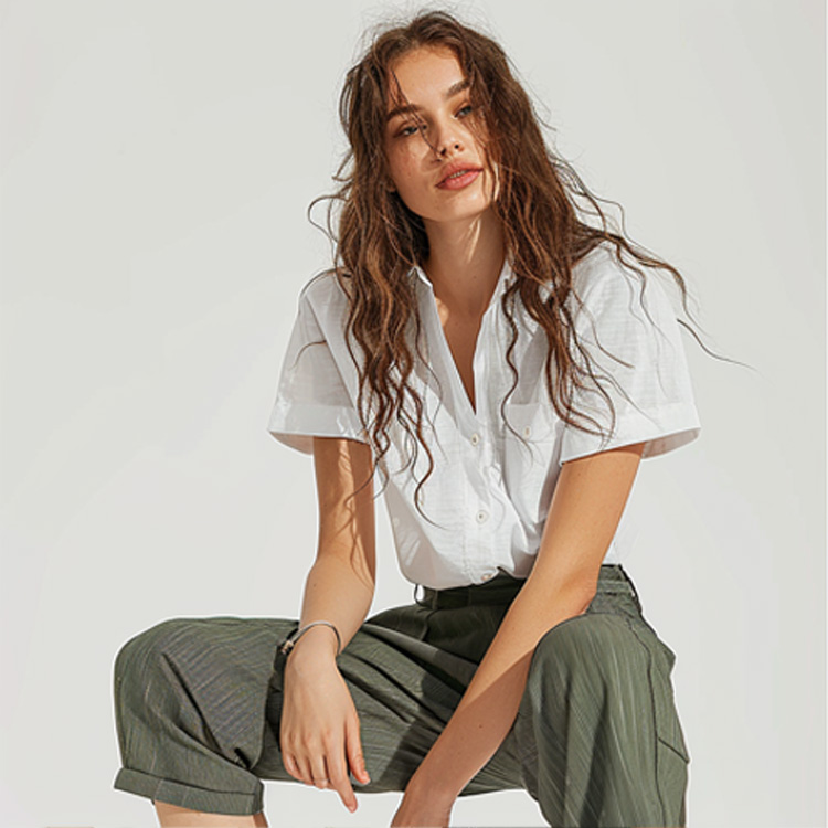 Women's White Short Sleeve Button Down Shirt, Casual V-Neck Blouse with Pocket