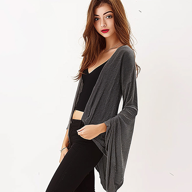 Women's Gray Open-Front Cardigan, Lightweight Long Sleeve Knit Kimono Cover-Up with Flared Sleeves