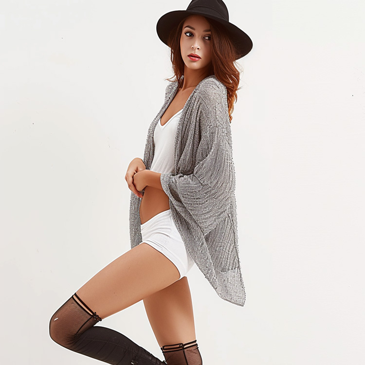 Women's Gray Knit Kimono Cardigan, Open Front Batwing Sleeve Lightweight Beach Cover-Up