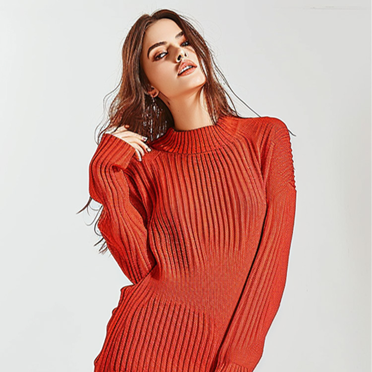 Women's Red Ribbed Knit Sweater Dress, Mock Neck Long Sleeve Form-Fitting Bodycon Midi Dress