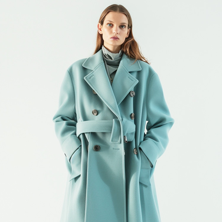 Women's Light Blue Belted Wool Coat, Double-Breasted Long Trench Coat, Warm Winter Outerwear