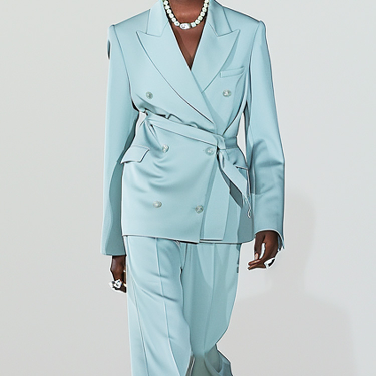 Women's Light Blue Belted Double-Breasted Blazer, Tailored Long Sleeve Workwear Suit Jacket